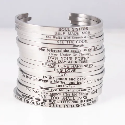Stainless Steel Inspirational Open Cuff Bangle For Women Engraved Mantra Quote Bracelet Minimalist Silver Bangle Jewelry Gift
