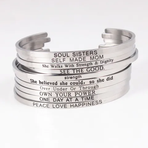 Stainless Steel Inspirational Open Cuff Bangle For Women Engraved Mantra Quote Bracelet Minimalist Silver Bangle Jewelry Gift