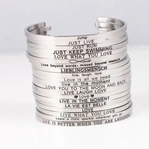Stainless Steel Inspirational Mantra Cuff Bangle For Women Adjustable C-Shaped Engraved Quote Bracelet Fashion Jewelry Gift