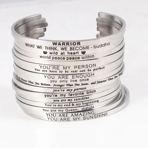 Stainless Steel Inspirational Engraved Cuff Bracelet Motivational Mantra Quote Open Bangle For Women Men Jewelry Gift