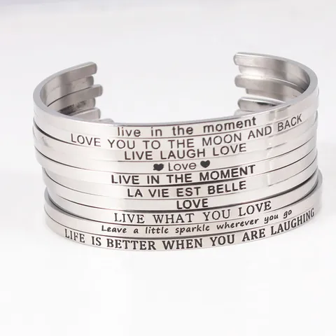Stainless Steel Inspirational Mantra Cuff Bangle For Women Adjustable C-Shaped Engraved Quote Bracelet Fashion Jewelry Gift