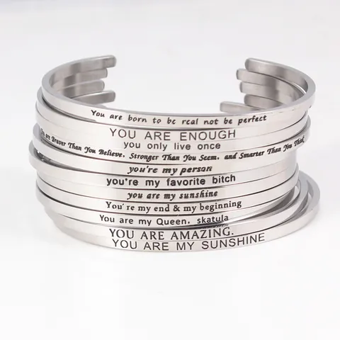 Stainless Steel Inspirational Engraved Cuff Bracelet Motivational Mantra Quote Open Bangle For Women Men Jewelry Gift