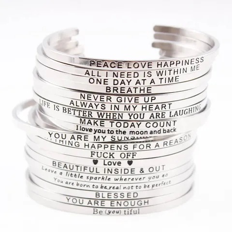 Stainless Steel Engraved Mantra Bracelet For Women Inspirational Quote Minimalist Polished Open Cuff Motivational Jewelry Gift