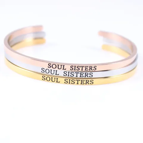 Stainless Steel Inspirational Engraved Open Cuff Bracelet Soul Sisters Never Give Up Bangle Jewelry For Women Daily Gift