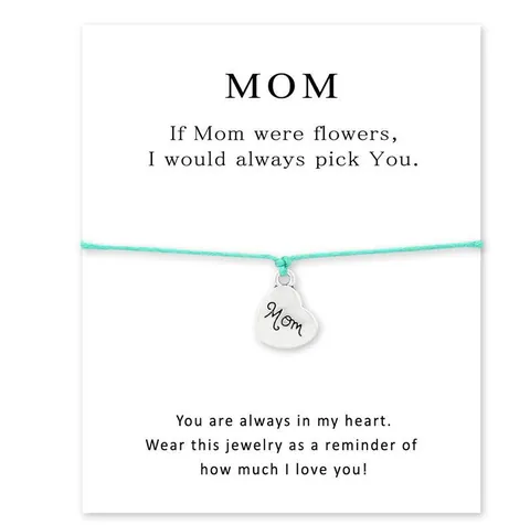 Mother's Day Gift Bracelet Alloy Heart Mom Engraved Charm Wax Rope Braided Wristband With Blessing Message Card Jewelry