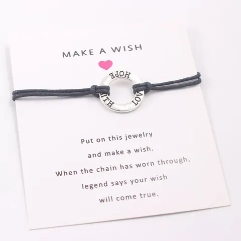 Faith Hope Love Engraved Alloy Ring Wax Cord Wish Bracelet with Blessing Card Package Unisex Simple Inspirational Jewelry Gift