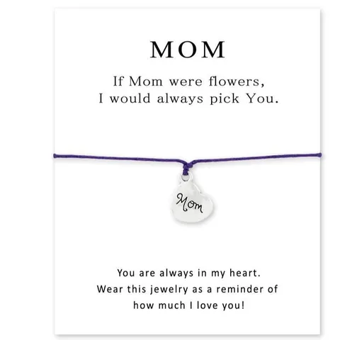 Mother's Day Gift Bracelet Alloy Heart Mom Engraved Charm Wax Rope Braided Wristband With Blessing Message Card Jewelry
