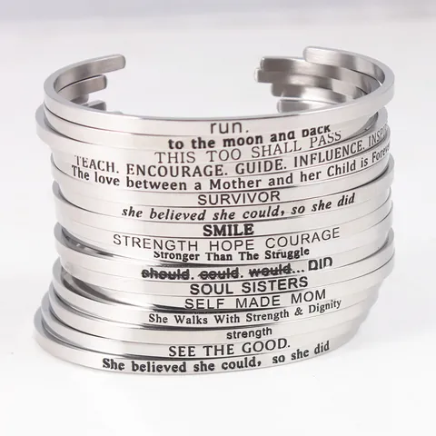 Minimalist Stainless Steel Open Cuff Bracelet For Women Men Inspirational Mantra Quote Engraved Bangle Fashion Jewelry Gift