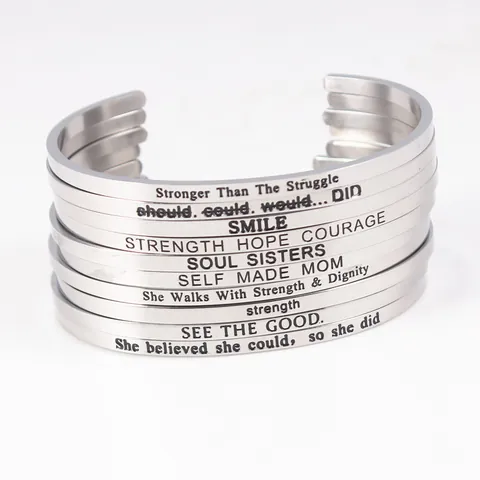 Minimalist Stainless Steel Open Cuff Bracelet For Women Men Inspirational Mantra Quote Engraved Bangle Fashion Jewelry Gift