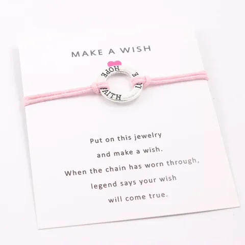 Faith Hope Love Engraved Alloy Ring Wax Cord Wish Bracelet with Blessing Card Package Unisex Simple Inspirational Jewelry Gift