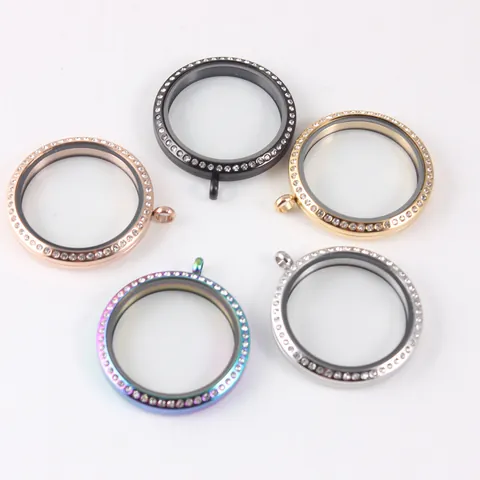 Stainless Steel Round Glass Floating Locket Pendant with Rhinestones Twist Screw Memory Locket for Photos Charms Women Jewelry