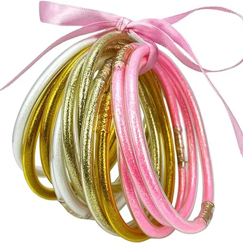 Fashion Silicone Glitter Jelly Bangles With Satin Ribbon Bow Gold Dust Hollow PVC Tube Bracelets Shimmering Jewelry For Women