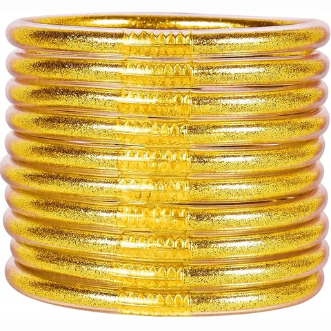 Women 10Pcs Glitter Jelly Bangles Set Silicone PVC Tube Bracelet With Metal Clasp Fashion Sparkly Jewelry Wristband For Party