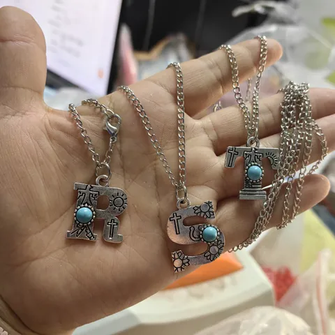 Vintage Stamped Turquoise Initial Necklace For Women Men Bohemian Western Style Antique Silver Alloy Letter Pendant Necklace Jewelry