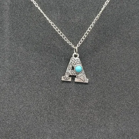 Vintage Stamped Turquoise Initial Necklace For Women Men Bohemian Western Style Antique Silver Alloy Letter Pendant Necklace Jewelry