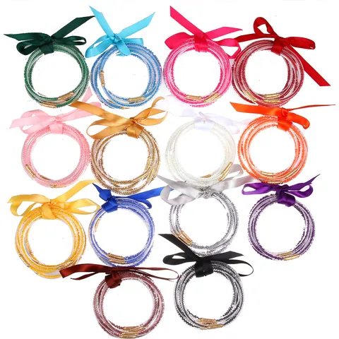 Glitter Silicone Jelly Bangles With Ribbon Bow Sparkly Bracelet Soft Silicone Bangle For Children Women Fashion Jewelry Gift