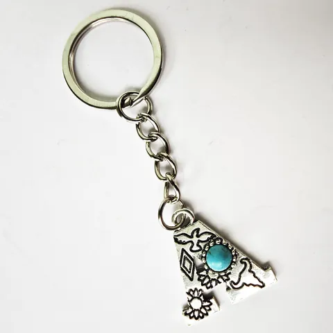 Retro Alloy Initial Letter Keychain with Artificial Turquoise Stamped Vintage Silver Key Ring for Bag Pendant Accessories