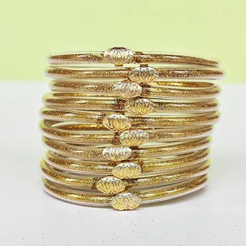 10pcs Set PVC Silicone Jelly Bangles Glitter Filled Bracelet With Gold Lotus Buckle For Women Fashion Jewelry Gift