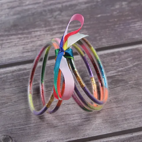 5Pcs Set Silicone Rainbow Glitter Bangles For Women Fashion Jelly Bracelets With Silk Ribbon Bow Jewelry Gift