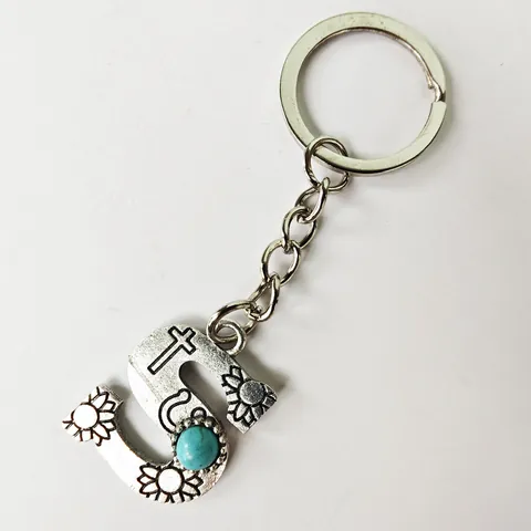 Retro Alloy Initial Letter Keychain with Artificial Turquoise Stamped Vintage Silver Key Ring for Bag Pendant Accessories