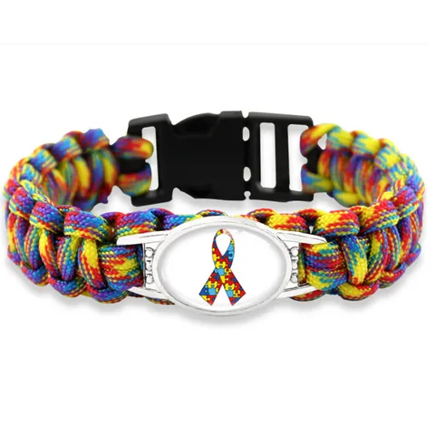 Autism Awareness Paracord Bracelet Handmade Woven Survival Heart Puzzle Ribbon Mom Dad Charm Alloy Bracelet For Men Women Gift