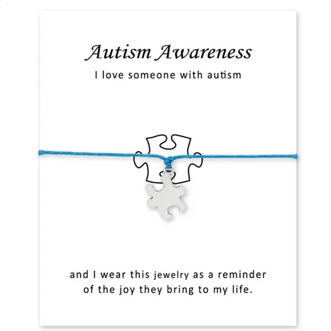 Autisme Bewustzijn Puzzelstuk Bedelarmband Met Kaart Unisex Verstelbare Waskoord Verzilverde Legering Sieraden Cadeau