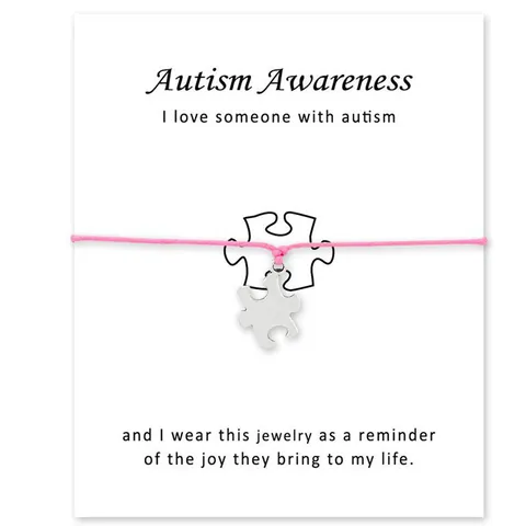 Autisme Bewustzijn Puzzelstuk Bedelarmband Met Kaart Unisex Verstelbare Waskoord Verzilverde Legering Sieraden Cadeau