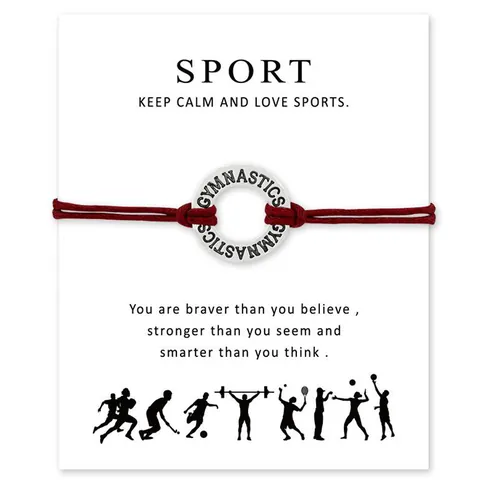 Gymnastics Sports Wish Bracelet Alloy Heart Charm Wax Rope Adjustable Card Jewelry Gift For Gymnast Athletes Women Men