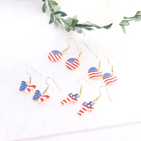 Women US Flag Enamel Dangle Earrings July 4th Independence Day Heart Butterfly Star Lip Shape Alloy Drop Earrings Jewelry Gift