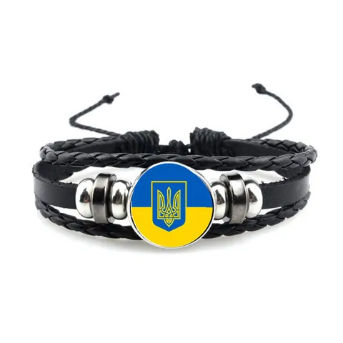 Ukraine Flagge Zeitjuwel Leder Armband Vintage Handgefertigt Mehrlagig Geflochten Handkette Legierung Glas Schmuck Herren Damen