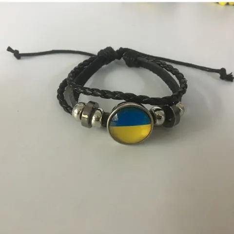 Ukraine Flagge Zeitjuwel Leder Armband Vintage Handgefertigt Mehrlagig Geflochten Handkette Legierung Glas Schmuck Herren Damen
