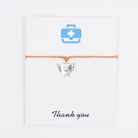 Angel Tooth Pendant Wish Bracelet Alloy Angel Wing Tooth Adjustable Wax Rope Bracelet With Thank You Card Dentist Medical Gift