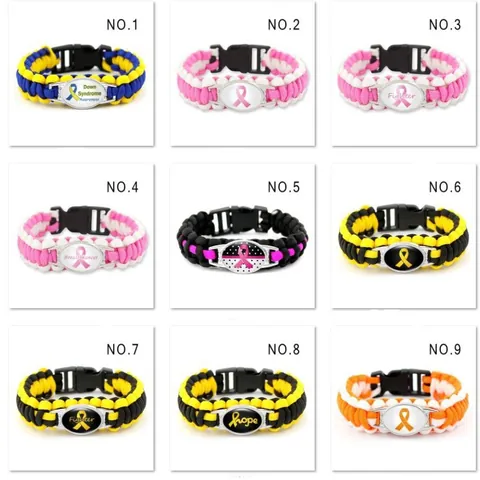 Handmade Paracord Survival Bracelet Pink Ribbon Breast Cancer Awareness Fighter Hope Metal Charm Bracelet For Women Outdoor Jewelry