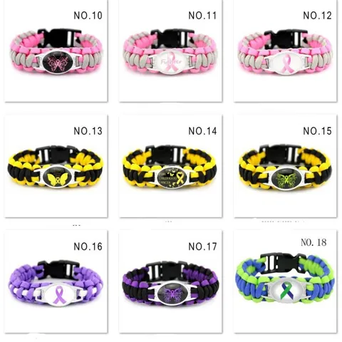 Handmade Paracord Survival Bracelet Pink Ribbon Breast Cancer Awareness Fighter Hope Metal Charm Bracelet For Women Outdoor Jewelry
