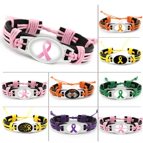 Pulsera de Cuero Tejida a Mano Concientización Cáncer de Mama Cinta Rosa Fighter Mariposa Joyería de Aleación Para Hombres Mujeres