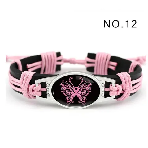 Pulsera de Cuero Tejida a Mano Concientización Cáncer de Mama Cinta Rosa Fighter Mariposa Joyería de Aleación Para Hombres Mujeres