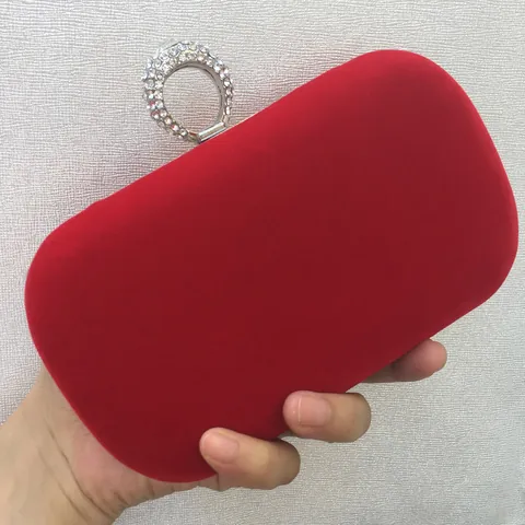 Women Velvet Evening Clutch Bag Rhinestone Ring Clasp Formal Party Prom Handbag With Removable Chain Shoulder Strap Bag