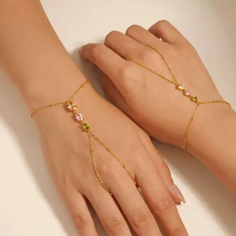 Bracciale a Catena da Mano in Acciaio Inossidabile Placcato Oro 18k per Donna Semplice Strass Stella Cuore Geometrico Anello Mano