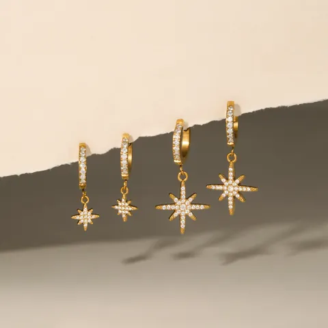 European Ins Style Stainless Steel North Star Hoop Earrings 18K Gold Plated Rhinestone Dangle Star Earrings For Women Gift