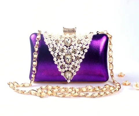 Women's V-Shaped Handmade Beaded Evening Bag Luxury Artificial Pearl Rhinestone Clutch Wedding Party Shoulder Handbag