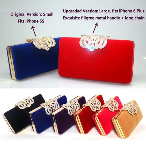 Women Luxury Velvet Evening Clutch Bag Rhinestone Crown Clasp Bridal Wedding Party Handbag Metal Handle Chain Shoulder Bag