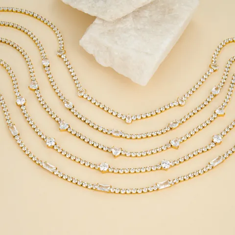 18K Vergoldete Titanstahl Tennis-Kette Halskette für Damen Strass Herz Wassertropfen Oval Rechteck Anhänger Halskette