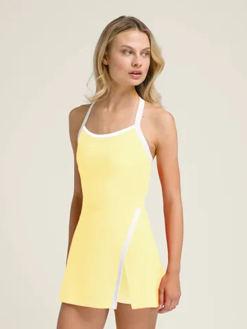Women Halter Neck Tennis Dress With Built-in Shorts Top And Bottom Set Racerback Cutout Athletic Golf Dress Contrast Trim