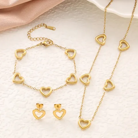 Mode Edelstahl Herz Schmuckset Hohl Herz Halskette Armband Ohrstecker Für Damen Minimalistische Gold Überzogene Schmuck