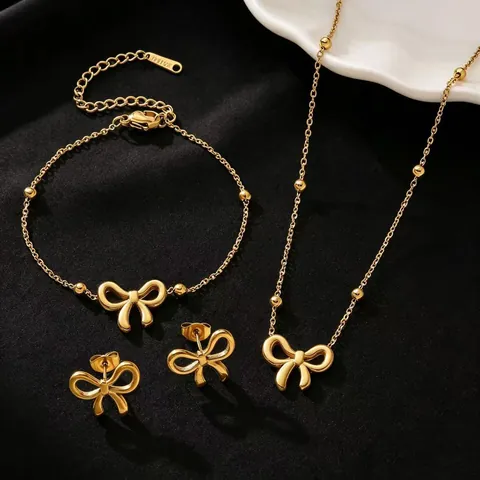 Joyas de Acero Inoxidable con Lazo y Cuentas Redondas para Mujer Oro Plata Collar Pulsera Pendientes de Botón Minimalista Elegante Regalo