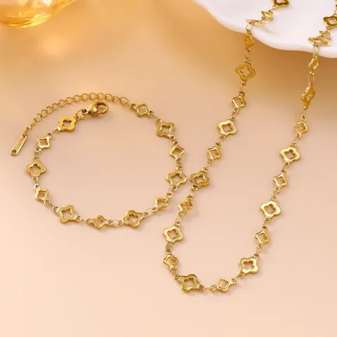 Leichter Luxus Edelstahl Halskette Armband Mit Hohlem Kleeblatt Für Damen Elegante Vergoldete Handgefertigte Kette Schmuck Geschenk