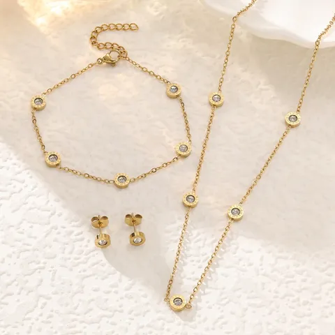 Luxus Edelstahl Römische Ziffern Strass Schmuck Vergoldet Rund Anhänger Halskette Armband Ohrstecker Damen