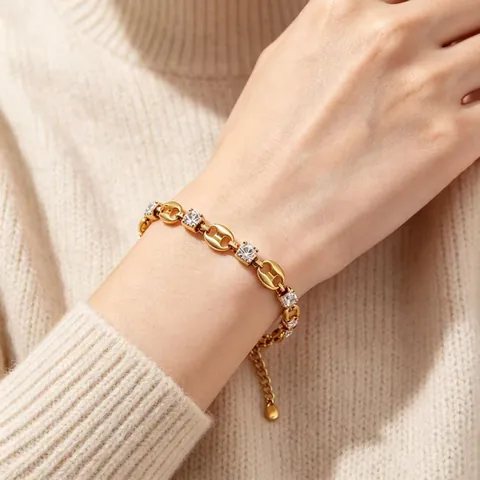 Luxus Edelstahl Schweinenase Strass Armband Für Damen 18K Vergoldet Wasserdicht Geometrische Gliederkette Trendy Schmuck Geschenk