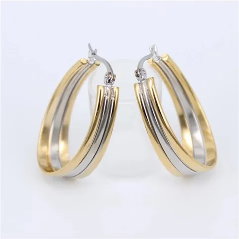 Women Oval Triple Layer Hoop Earrings Stainless Steel Three-in-One Gold Silver Tri-Color U-Shaped Geometric Stud Earrings Fashion Jewelry