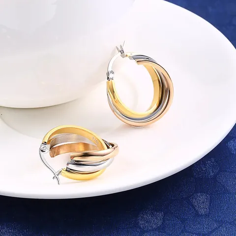 Edelstahl Dreifach Ineinandergreifende Kreolen Mehrlagige Überlappende Kreis Ohrringe Europäische Mode Gold Silber Plattiert Damen Schmuck
